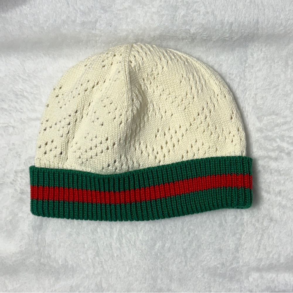 Authentic Gucci Ivory Knit Infant Beanie with Red and Green Accents